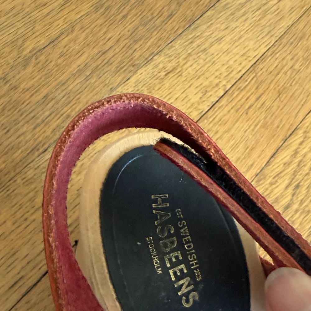 Swedish Hasbeens Burgundy/Red Leather Velcra Clogs Sandals - Picture 9 of 9